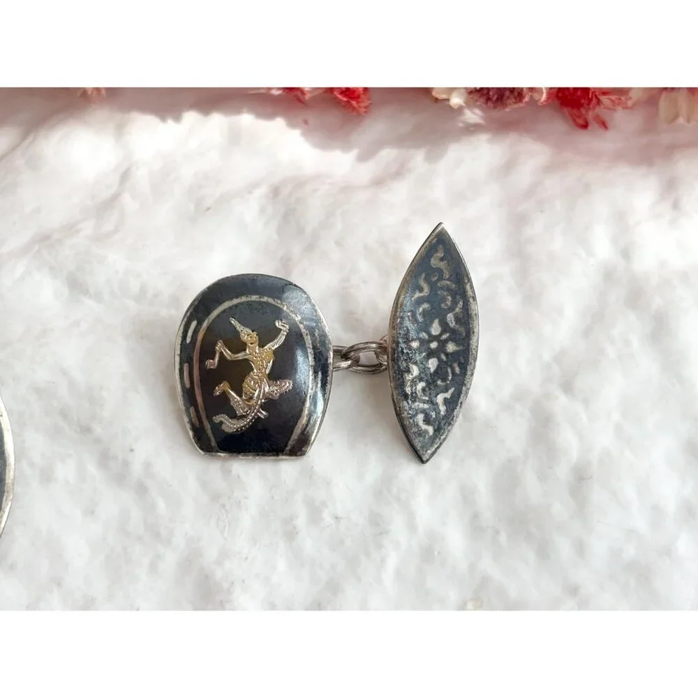 Siam Sterling Cufflink Black Horseshoe Nielloware Vintage Thai Made 925 Earrings